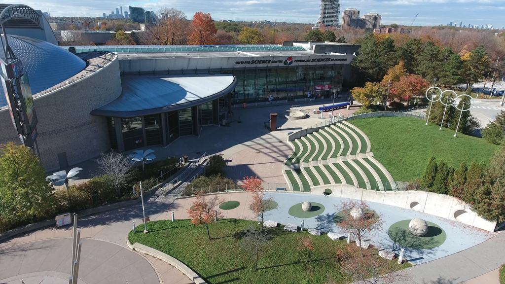 Aerial view of the Ontario Science Centre in Toronto.